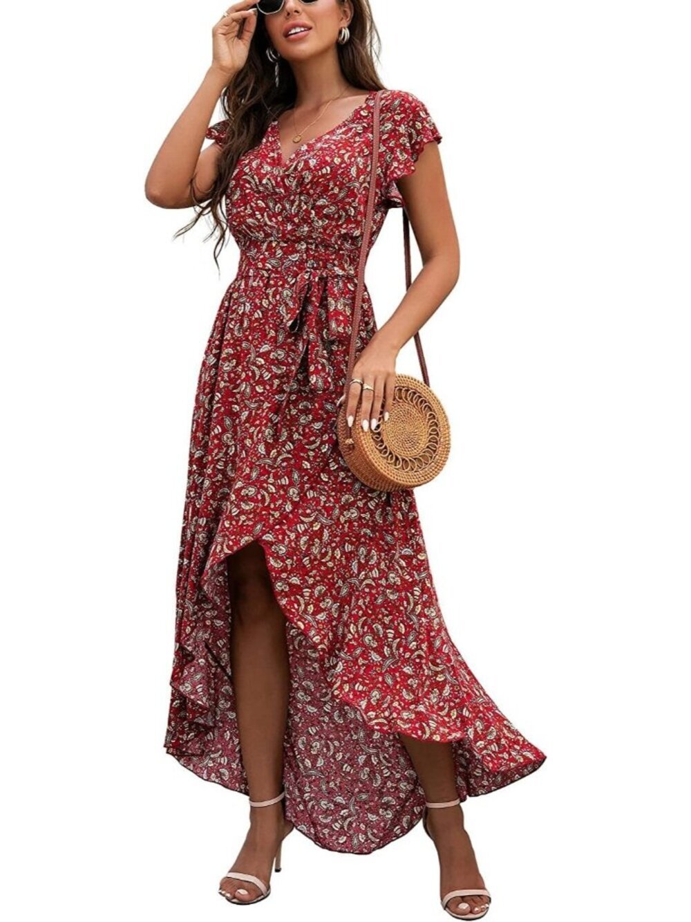 Women's Flower Stylish Boho Beach Vacation Wrap V Neck Summer Long Maxi Dress
